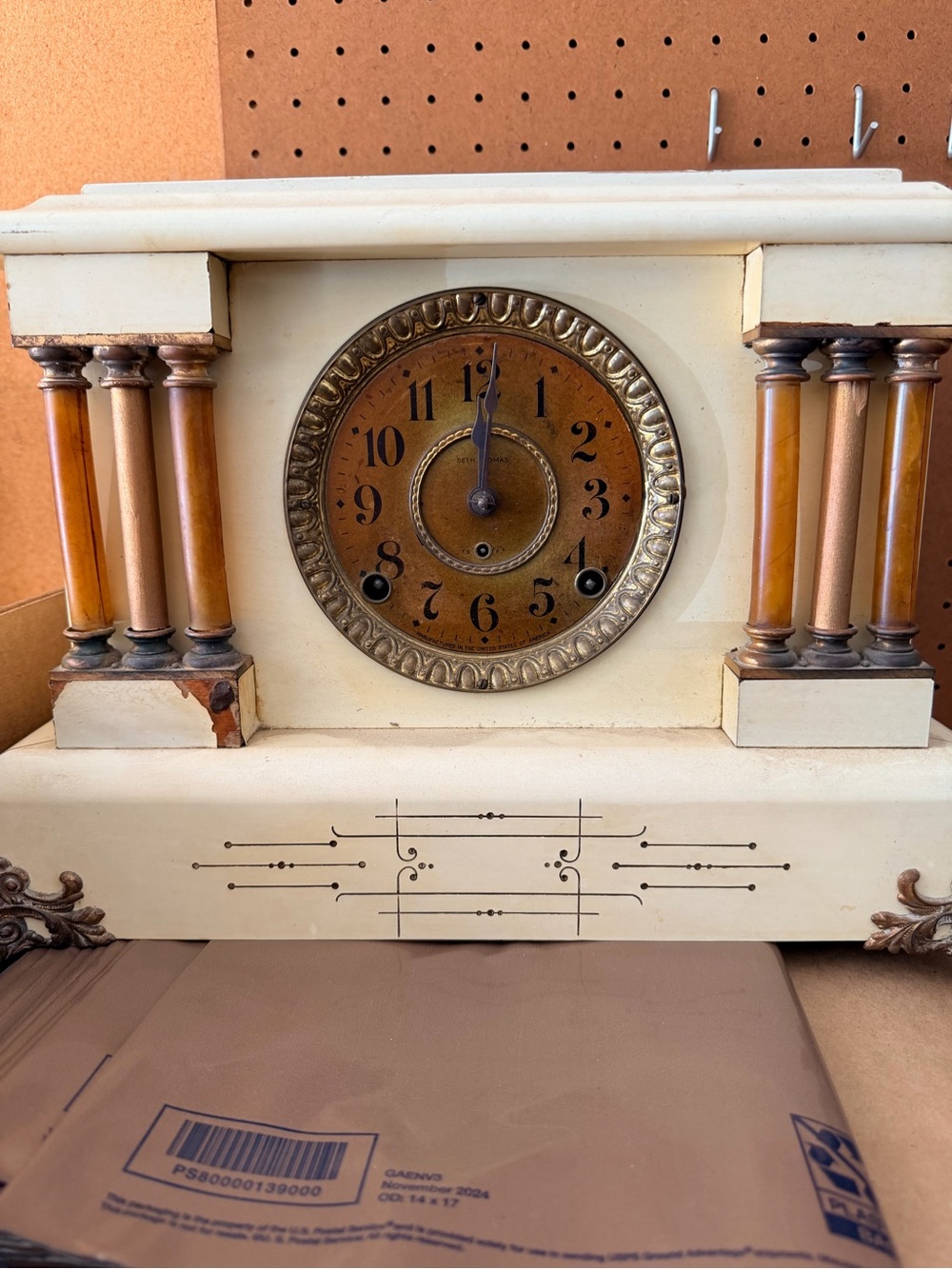 C 1906 Seth Thomas White Adamantine Bronze 6 Column Mantle Clock Model No 295 F